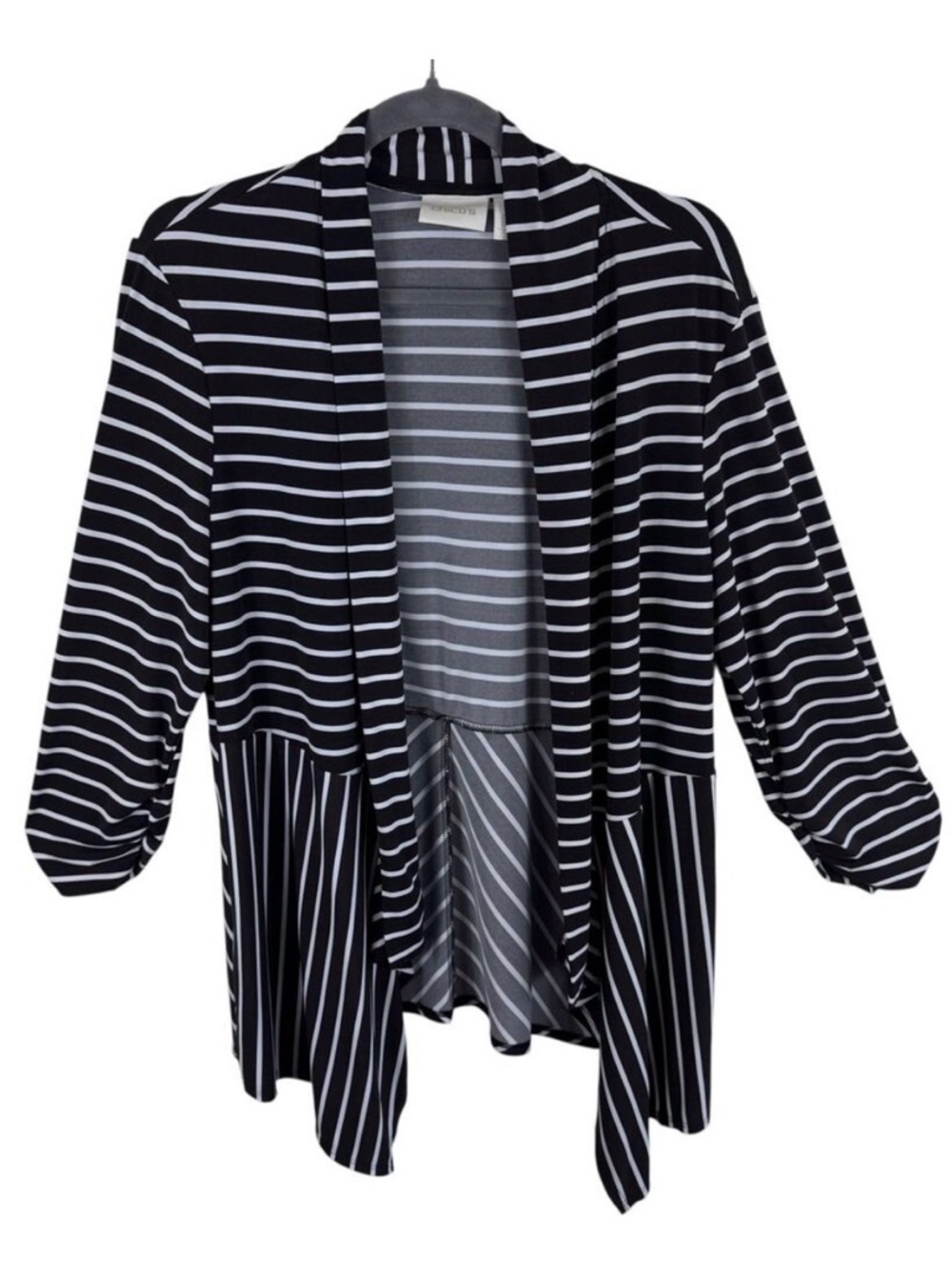 Chico's Brown White Striped Asymmetrical Hem 3/4 Ruched Sleeve Open Blouse Sz L
